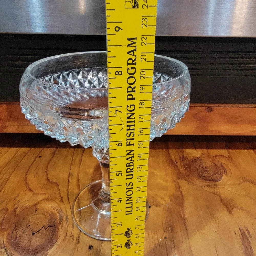 Clear Crystal Pedestal‎ Candy Dish with Diamond Cut Pattern Vintage 1960s